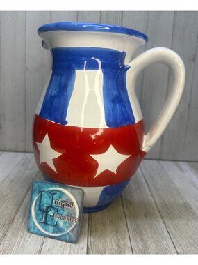 Vtg La Musa Patriotic American Flag Pitcher Italian Pottery 9" Tall Indepedence